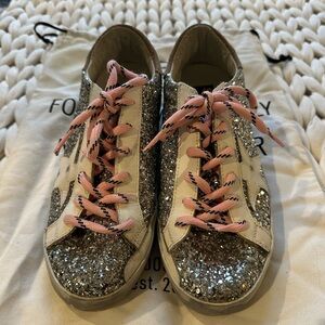 On vacation! Golden Goose Silver Glitter Sneakers with Pink Laces